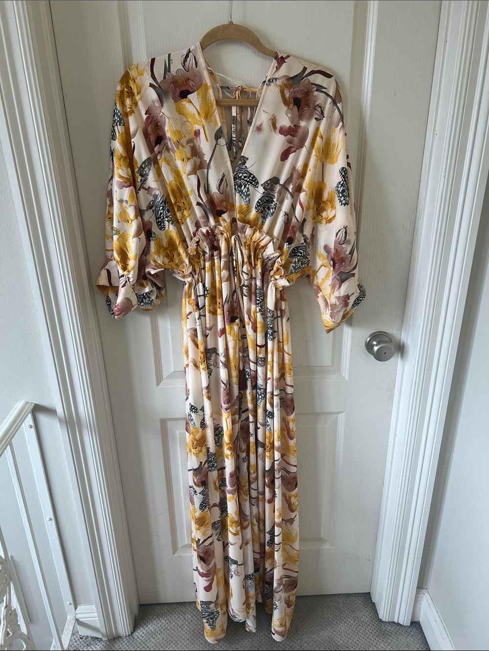 Floral Tie-Waist Maxi Dress in Cream and Mustard